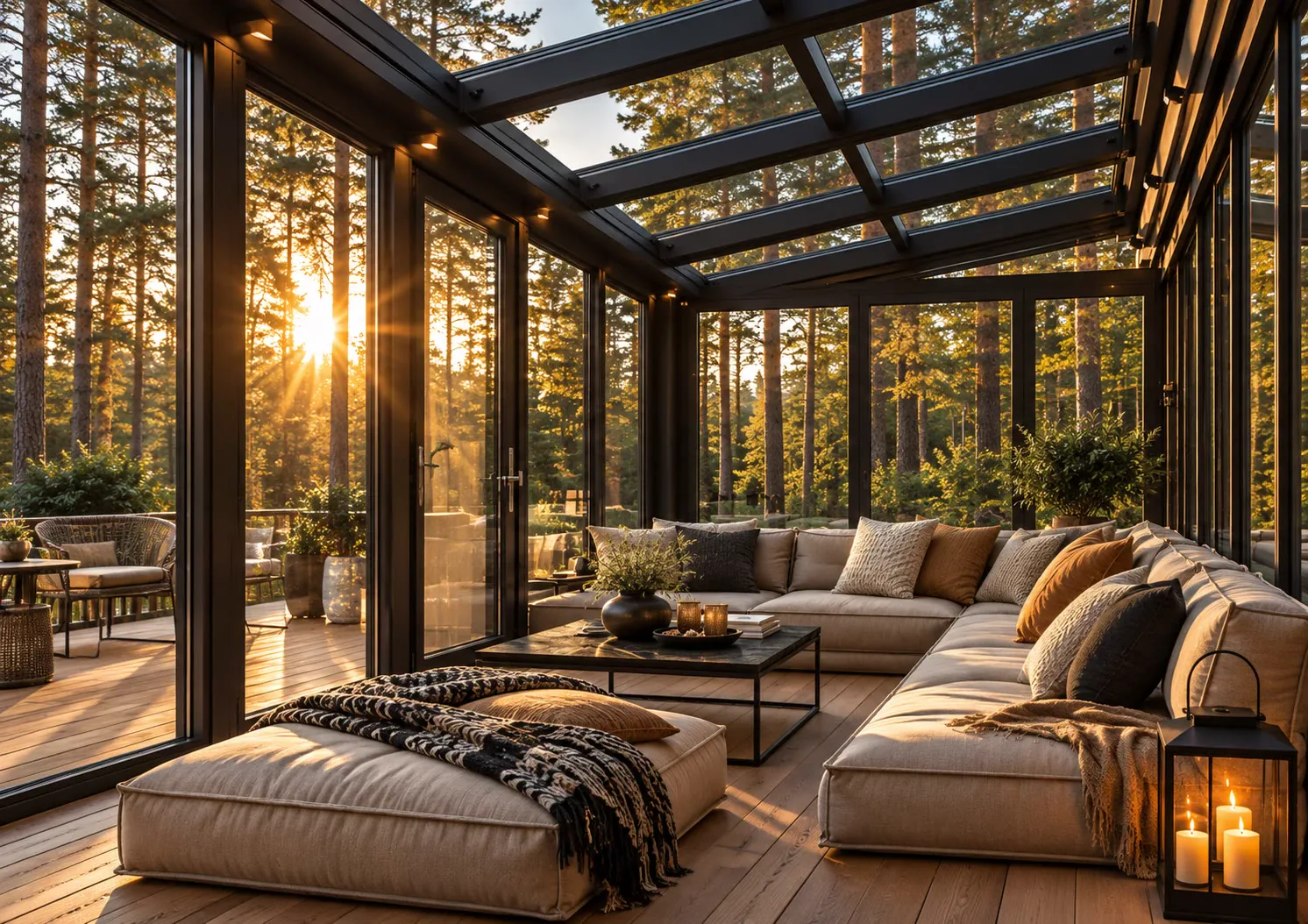 Pergola fissa con copertura vetrata nel bosco al tramonto